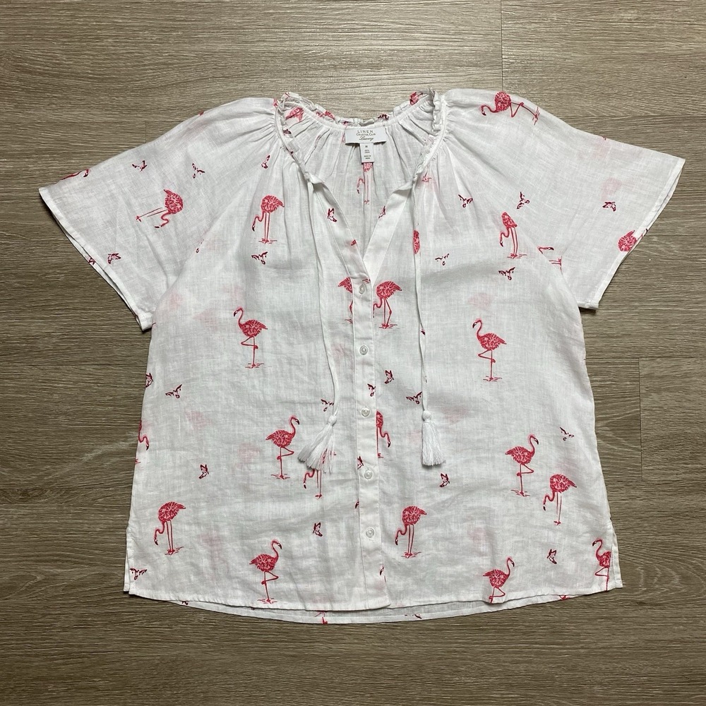 Charter Club Linen Woven Flamingo Split-Neck Peasant Top Women's M White Coastal